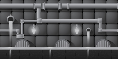 Seamless editable horizontal indoor background with gems and pipeline for platform game