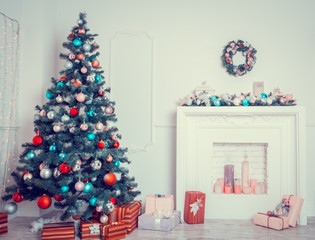 Christmas living room with Christmas tree and gifts under it