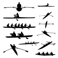 Rowing Boat Single Double and Team Silhouette Set - obrazy, fototapety, plakaty