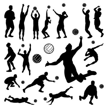 Volleyball Men Silhouette Set - Playing Serve Jumping Smash