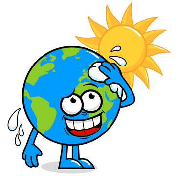Cartoon planet earth character in front of a burning sun wiping sweat and getting hot. Vector illustration