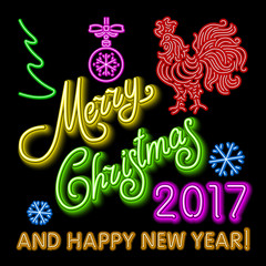 The rooster new year greeting card design template. 2017 new year calendar symbol cock or rooster, glowing neon light on dark.