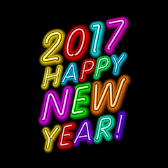 2017 New Year design. Sign the year of fire rooster. Vector neon figures with lights. Greeting card background.
