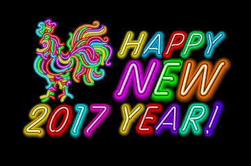 Vector 2017 Happy New Year rooster neon color light