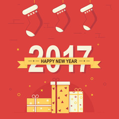 Happy new year 2017 card with presents and gift boxes. Vector Illustration.