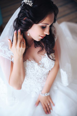 Fototapeta premium beautiful bride brunette girl in white wedding dress with hairstyle and bright makeup