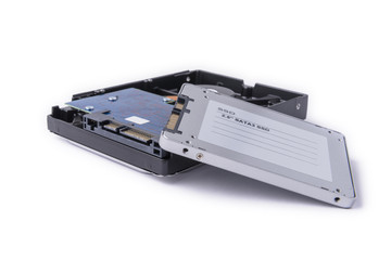 hard disks and solid state SATA drives on the white background,