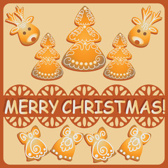 Christmas tree, reindeer, bells. Gingerbread. Design for banner, poster, leaflets, flyers.