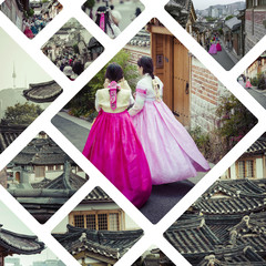 Fototapeta premium Kolaż wioski Bukchon Hanok w Seulu, Korea Południowa - podróże