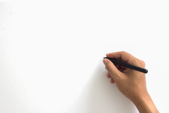 man hand writing with a pen, background white, isolated
