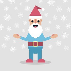 vector illustration with flat santa claus character and snowflakes on grey background