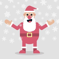 vector illustration with flat santa claus character and snowflakes on grey background