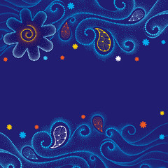 Vector abstract background with curly lines, dotted swirls, orange and white snowflakes on the dark blue background. Horizontal decor in dotwork style for winter design. Bright Merry Christmas theme.