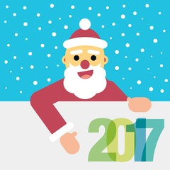 vector illustration with flat santa claus character and snowflakes on blue background