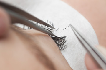 Traditional eyelash extensions. Selective focus. Toned. Makeup close-up. - obrazy, fototapety, plakaty