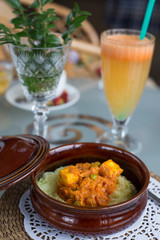 decorated table, a business lunch, hot, soup, fruit juice, vegetarian