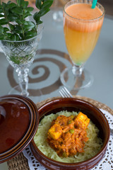 decorated table, a business lunch, hot, soup, fruit juice, vegetarian