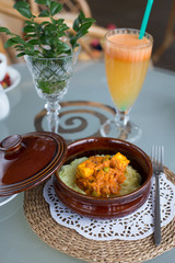 decorated table, a business lunch, hot, soup, fruit juice, vegetarian