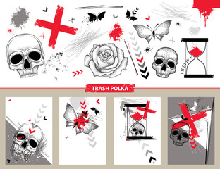 Vector set with design templates and cards in Trash Polka and dotwork style isolated. Dotted skull, cross, abstract arrows, butterfly, lines, hourglass in red and black. Creative print illustrations. © bokasana