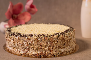 Walnut cake with cream, chopped, close-up