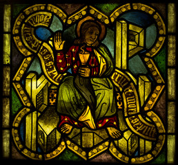 bright colorful stained glass, scenes from the life of Jesus, images of the apostles, saints and the figures from the Old Testament., Exposure stained glass, The Castle Museum in Malbork 24 May 2014