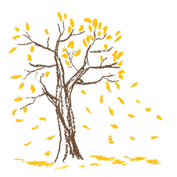 Wax crayon hand drawn autumn tree with red leaves. Hand painted yellow leaves fall with wind on white. Vector nature background.