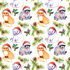Christmas background - cute animals in red santa's hats, pine branches. Repeating pattern. Watercolor