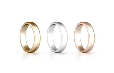 Rings set stand isolated, golden, silver, pink gold jewelry, clipping path, 3d rendering. White gold wedding ciclet with micro scratches. Yellow, siller and rose gift metal circles.
