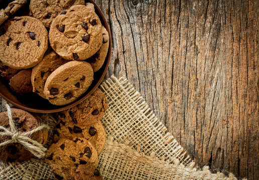 Top View And Overhead Shot Of  Chocolate Chip Cookies In Cup Bow