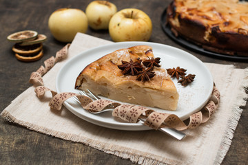 Piece of handmade apple pie. Selective focus.
