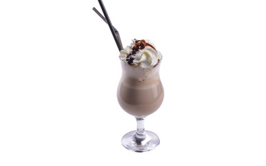 Cocktail with chocolate and cream in a glass with a straw