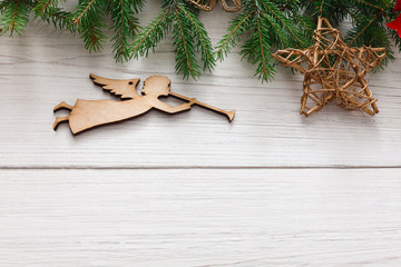 Christmas decoration, gift boxes and garland frame background