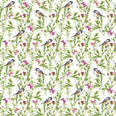 Summer grass with butterflies and birds. Seamless watercolor pattern. 