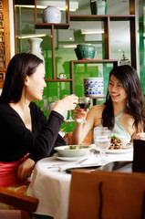 Two women eating in restaurant, toasting with drinks