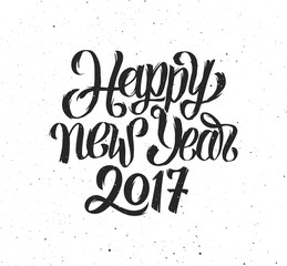 Happy New Year 2017 handmade greeting card design. Retro poster with chinese calligraphy for Year of the Rooster. Vector illustration with hand drawn lettering on vintage grunge background.