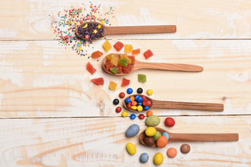 Colorful dragee with marmalade or jelly candies