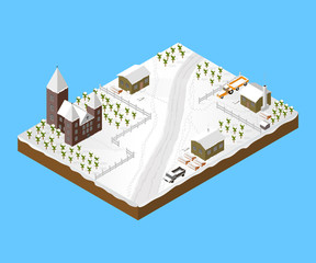 Simple Isometric Town With Houses and a Church