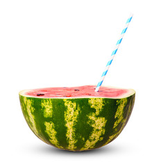 cut juicy watermelon with a striped straw