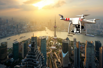 Drone with high resolution digital camera flying over Shanghai