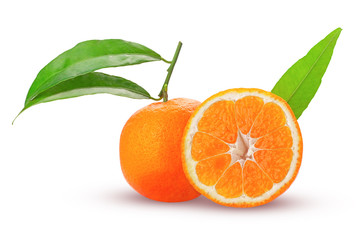 tangerine or mandarin fruit whole and cut in half with green lea
