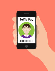 Hand hold smart phone, selfie pay concept