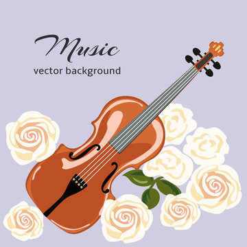 Classical violin with white roses. Musical background