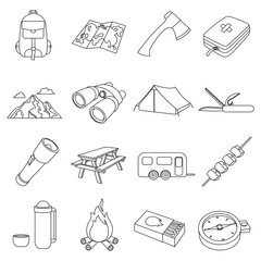 Camping set icons in outline style. Big collection of camping vector symbol stock illustration © pandavector