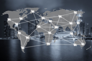 E-commerce business and global network connection and cart sign