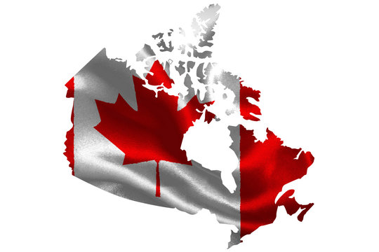 Map of Canada with national flag on fabric surface.