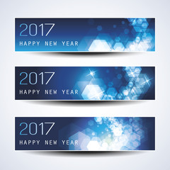 Fototapeta na wymiar Set of Blue Sparkling Horizontal Christmas, New Year Banners - 2017