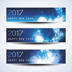 Fototapeta premium Set of Blue Sparkling Horizontal Christmas, New Year Banners - 2017