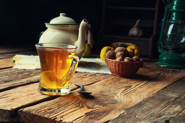 Hot tea for autumn. Old rustic kitchen