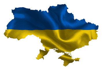 Map of Ukraine with national flag on fabric surface.