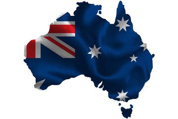 Obraz premium Map of Australia with national flag on fabric surface.